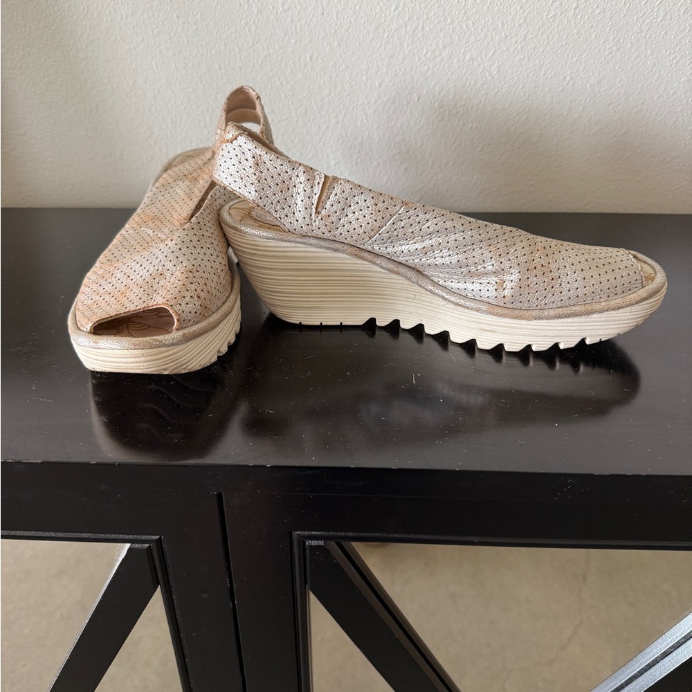 Fly London Beige Perforated Wedge Sandals